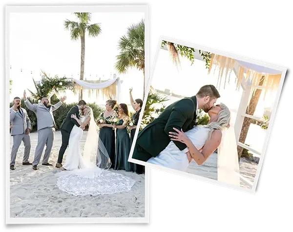 Couple kissing at the their beach wedding with bridesmaids and groomsmen