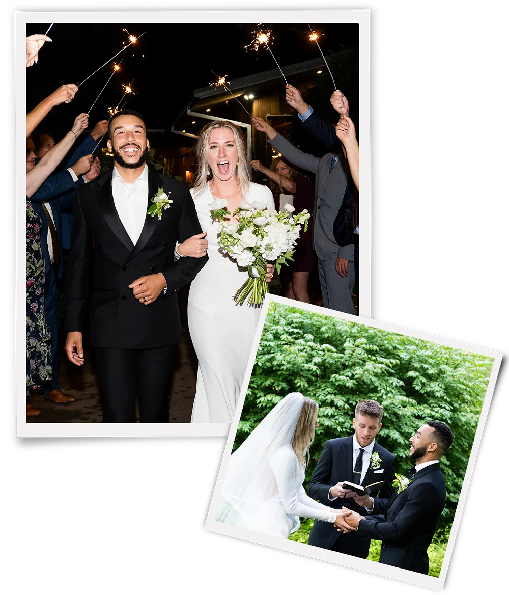 A happy couple posing for a candid outdoor wedding photography session